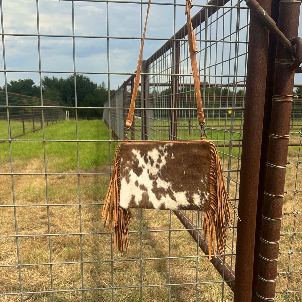 Brown and White Fringe Cowhide Crossbody Bag